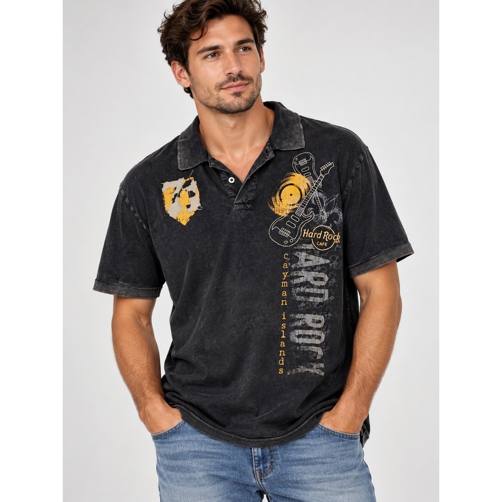 Hard Rock Cafe Cayman Islands Polo Shirt Mens L Black Acid Wash Guitar Graphic